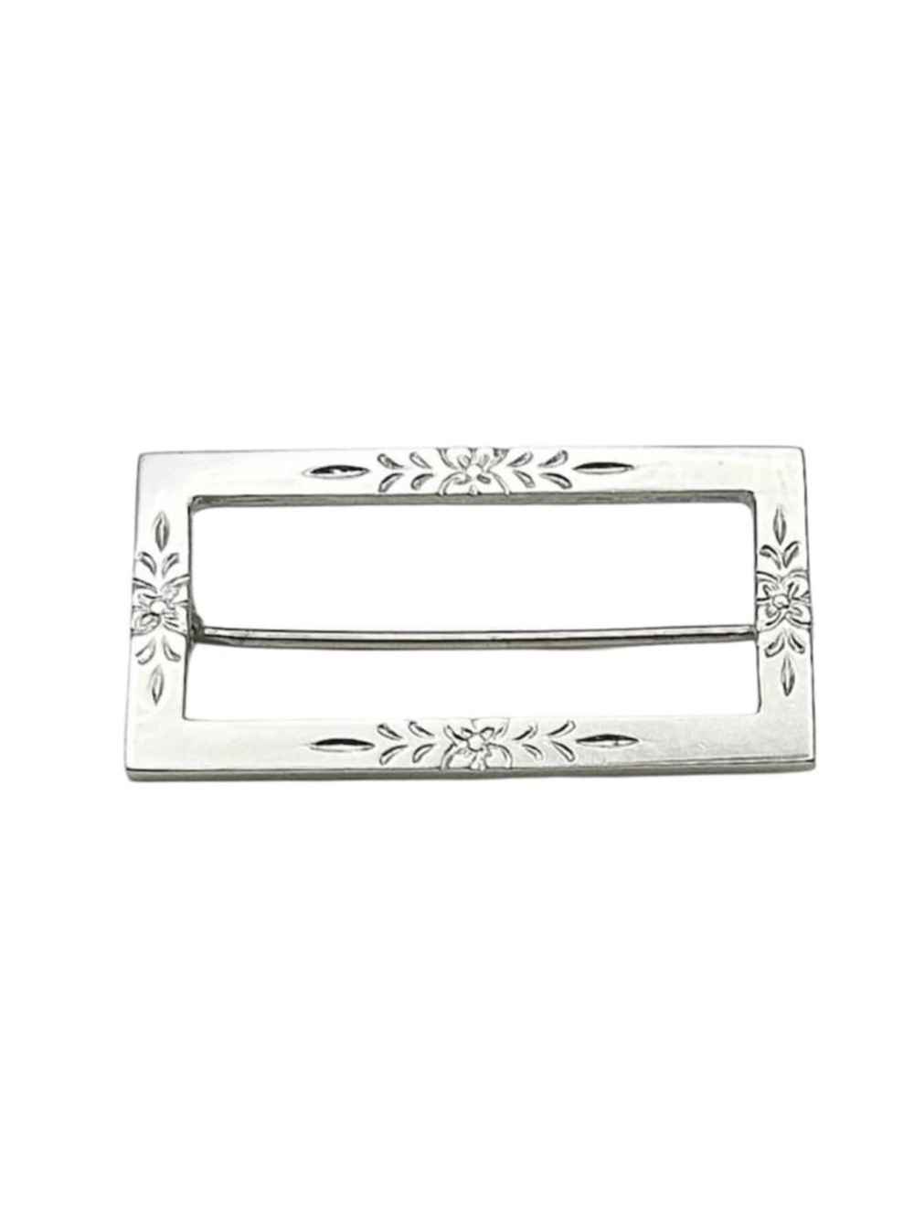 Vintage Antique Marked Sterling Silver Engraved Floral Motif Rectangular Brooch